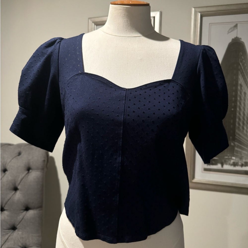 Maeve crop balloon sleeve top, Stretchy, navy and black polka dots. Super cute!